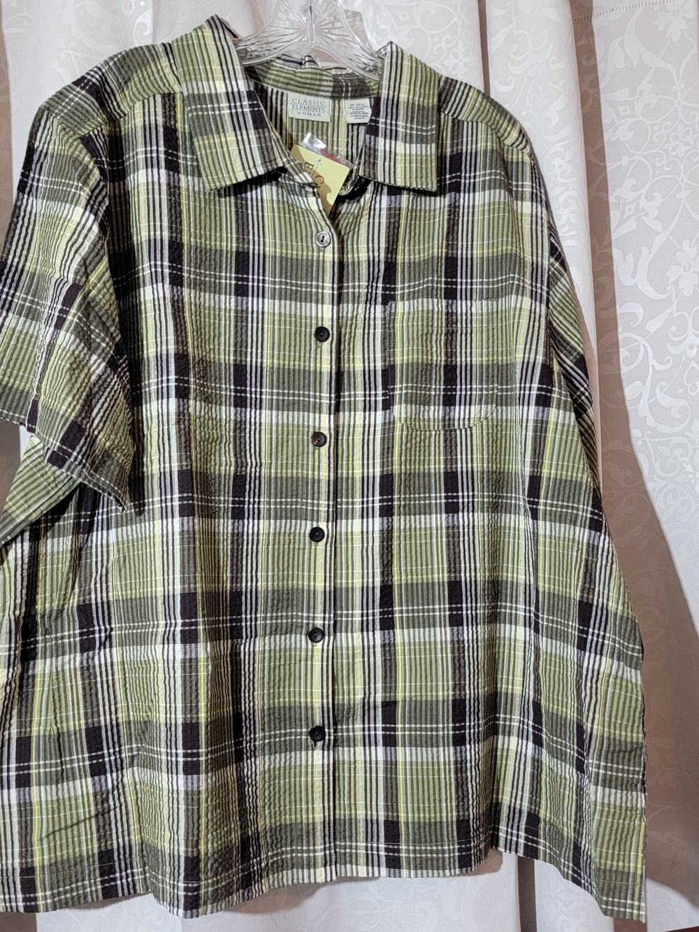 Classic Elements Womens Green Plaid Button-Up Shirt